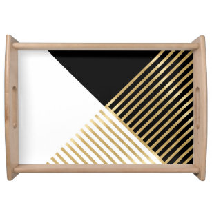 Modern Black White Geometric Gold Stripes Serving Tray