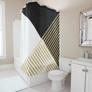 Modern Black White Geometric Gold Stripes Shower Curtain