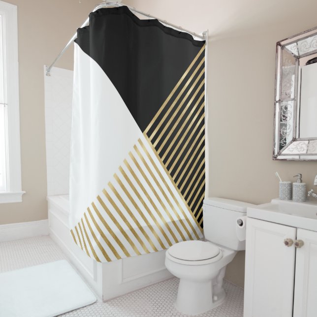 Modern Black White Geometric Gold Stripes Shower Curtain (In Situ)