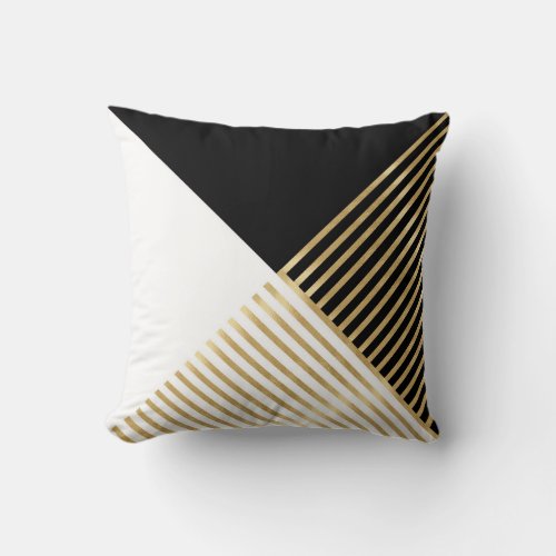 Modern Black White Geometric Gold Stripes Throw Pillow