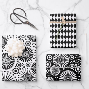 Modern Black White Geometric Starburst Harlequin Wrapping Paper Sheets