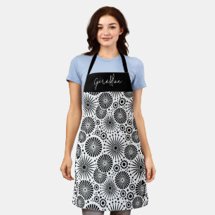 Modern black white geometric starburst Name Apron