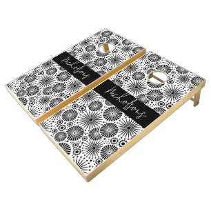 Modern black white geometric starburst Name  Cornhole Set