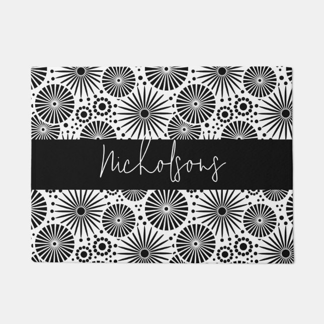 Modern black white geometric starburst Name  Doormat (Front)