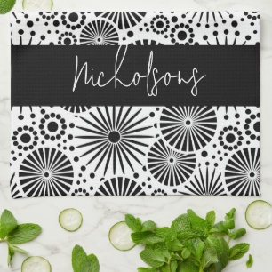 Modern black white geometric starburst Name  Kitchen Towel