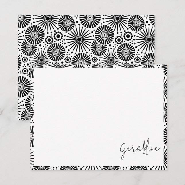 Modern black white geometric starburst Name  Note Card (Front/Back)