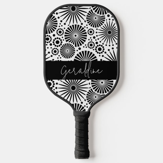 Modern black white geometric starburst Name  Pickleball Paddle (Front)