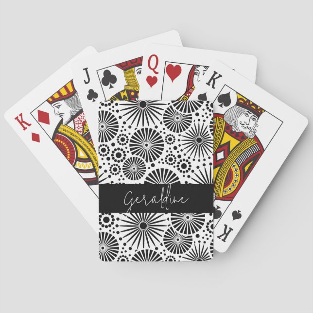 Modern black white geometric starburst Name  Poker Cards (Back)