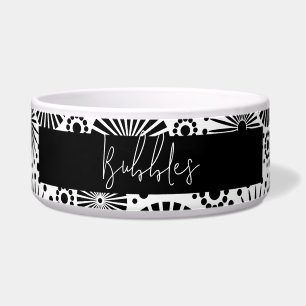 Modern black white geometric starburst Pet Name Bowl