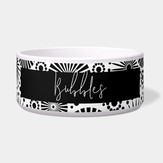 Modern black white geometric starburst Pet Name  Bowl (Front)