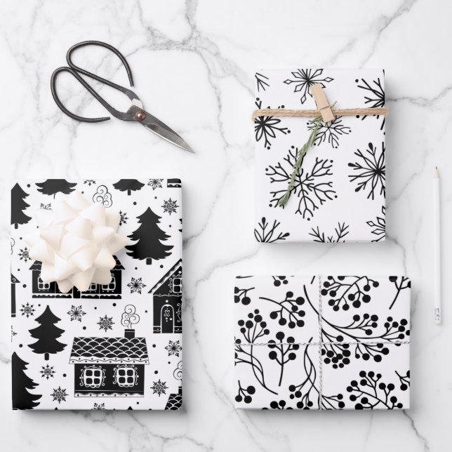 Modern Black White Gingerbread house Christmas Wrapping Paper Sheets (Front)