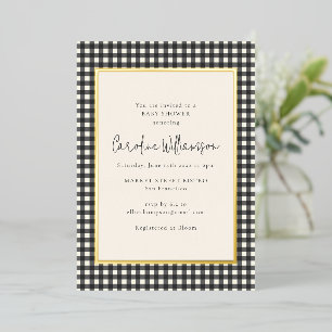 Modern Black White Gingham Plaid Baby Shower Gold Foil Invitation