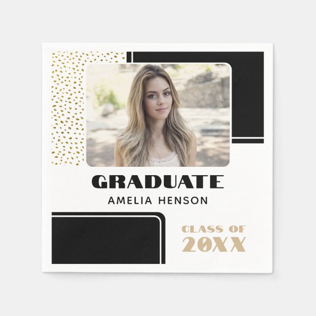 Modern Black White Glitter Graduate Photo  Napkins (Front)