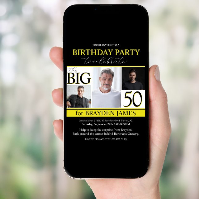 Modern Black White Gold 50th Birthday Invitation (Front Digital)