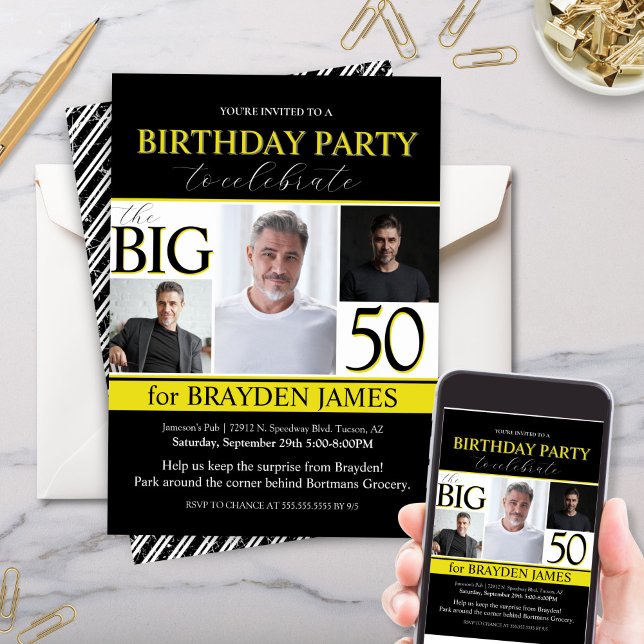 Modern Black White Gold 50th Birthday Invitation (Elegant black and white with yellow accents photo collage birthday party invitation for 50th 60th)