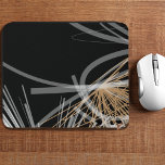 Modern Black White Gold Abstract Design Mouse Pad<br><div class="desc">This elegant modern mouse pad features a stylish organic abstract design of white and gray ribbons with gold accents on a black background. Translucent white and gray ribbons swirl from right to left in a well balanced pattern and are complimented by an abstract gold flourish in the bottom right hand...</div>