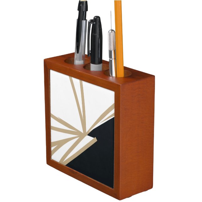 Modern Black White Gold Abstract Desk Organizer (In Situ)