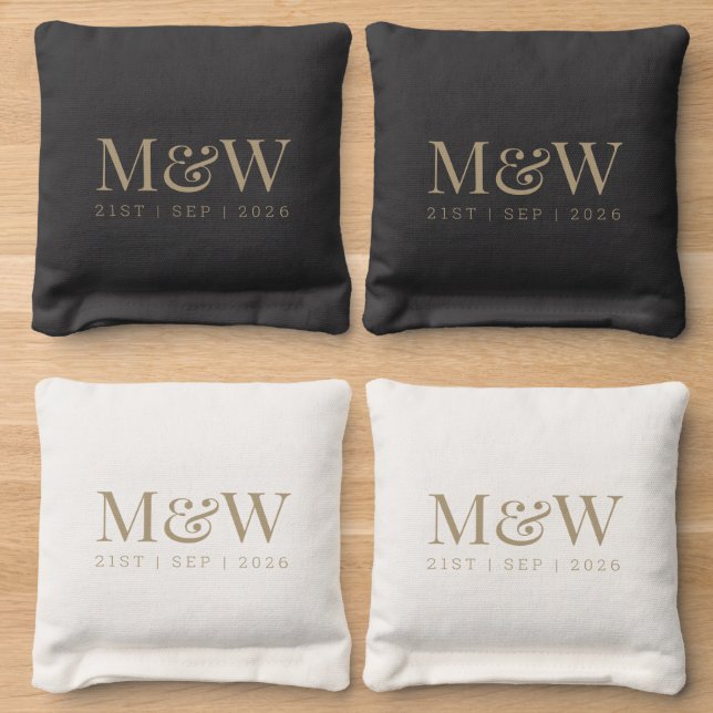 Modern Black White Gold Bride Groom Monogram  Cornhole Bags (Wood)