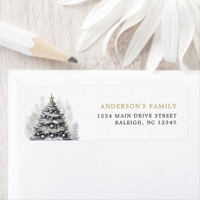 Modern Black & White  Gold Christmas Tree Party Label (Insitu)