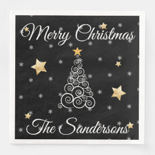 Modern Black white gold Christmas Wave tree Paper Dinner Napkins