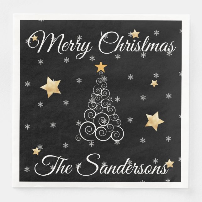 Modern Black  white  gold Christmas Wave tree   Paper Dinner Napkins (Front)