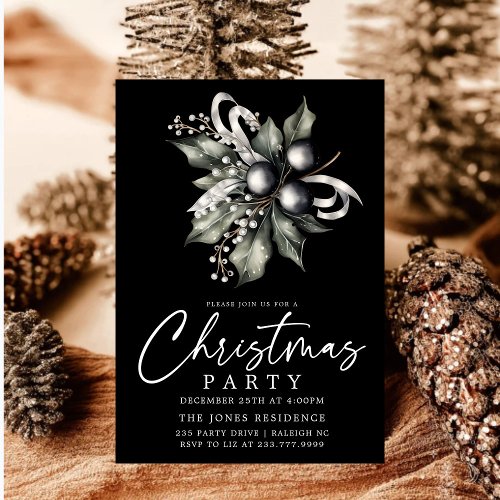 Modern Black  White Gold Christmas Wreath Party Invitation