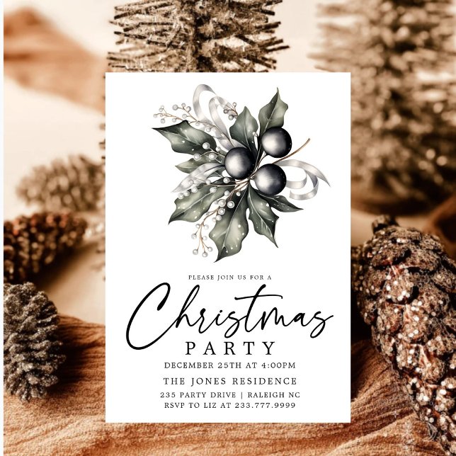 Modern Black & White Gold Christmas Wreath Party Invitation (Creator Uploaded)