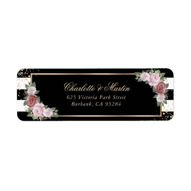 Modern Black White Gold Confetti Blush Pink Rose Label (Front)