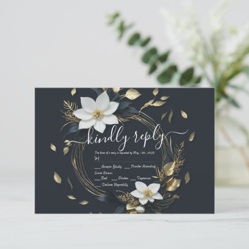 Modern Black White Gold Floral Wreath Wedding RSVP