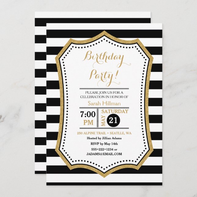 Modern Black White Gold Glitter Invitation (Front/Back)