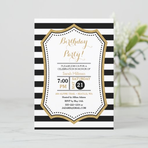 Modern Black White Gold Glitter Invitation | Zazzle