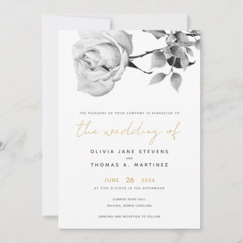 Modern Black White Gold Hand_Drawn Rose Wedding Invitation