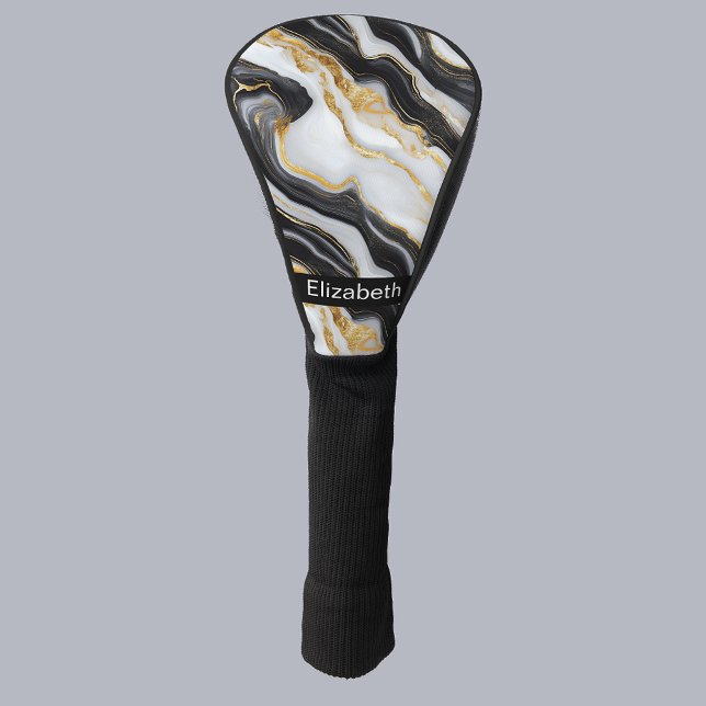 Modern Black White Gold Marble Personalized Golf Head Cover (Creator Uploaded)