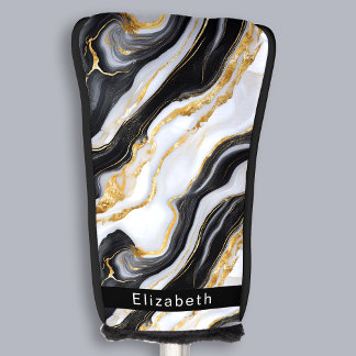 Modern Black White Gold Marble Personalized Golf Head Cover
