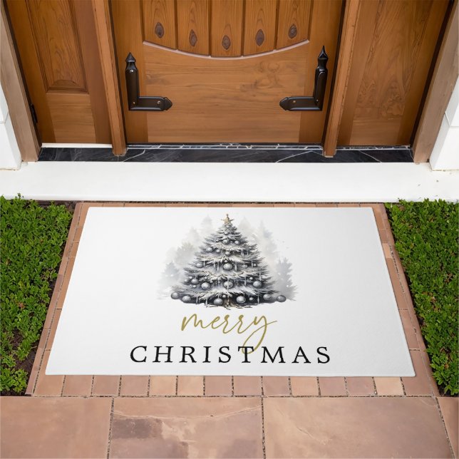 Modern Black & White Gold Merry Christmas Tree Doormat (Outdoor)