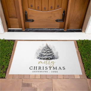 Modern Black & White Gold Merry Christmas Tree Doormat