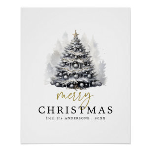 Modern Black & White Gold Merry Christmas Tree Poster
