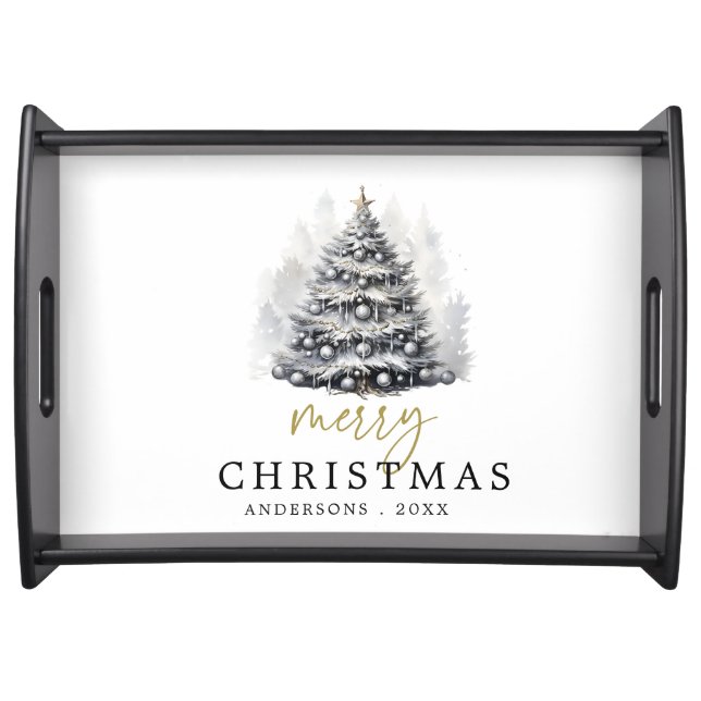 Modern Black & White Gold Merry Christmas Tree Serving Tray (Front)