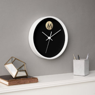 Modern Black White Gold Monogram Clock