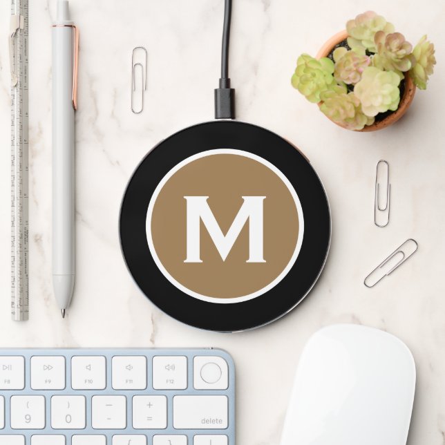 Modern Black White Gold Monogram Wireless Charger (Desk)