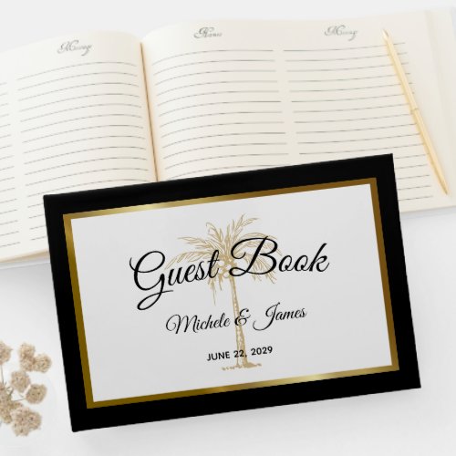 Modern Black White Gold Palm Tree Tropical Wedding Guest Book