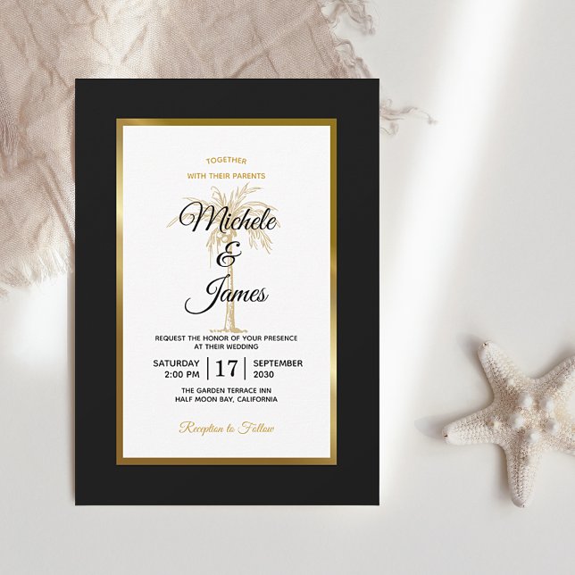 Modern Black White Gold Palm Tree Wedding Invitation (Creator Uploaded)