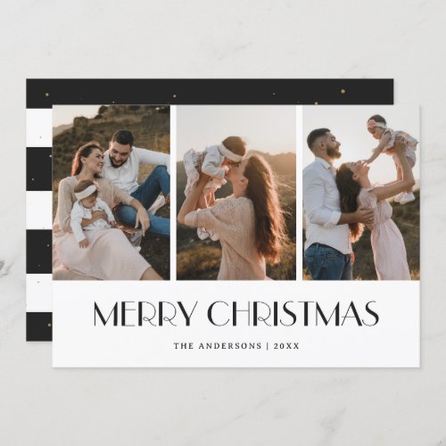 Modern Black White Gold Photo Collage Christmas Holiday Card