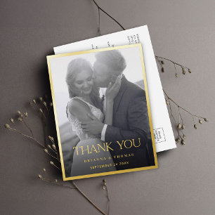 Modern Black White Gold Photo Wedding Thank You Foil Invitation Postcard