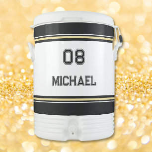 Modern Black White Gold Player Name Jersey Number Beverage Cooler