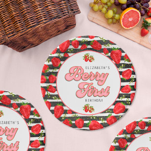Modern Black White Gold Red Strawberry Berry First Paper Plates