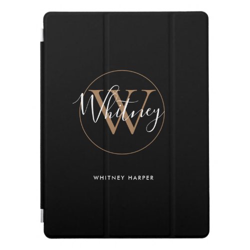 Modern Black White Gold Script Monogram Name  iPad Pro Cover