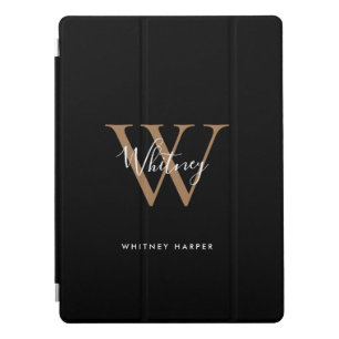 Modern Black White Gold Script Monogram Name iPad Pro Cover