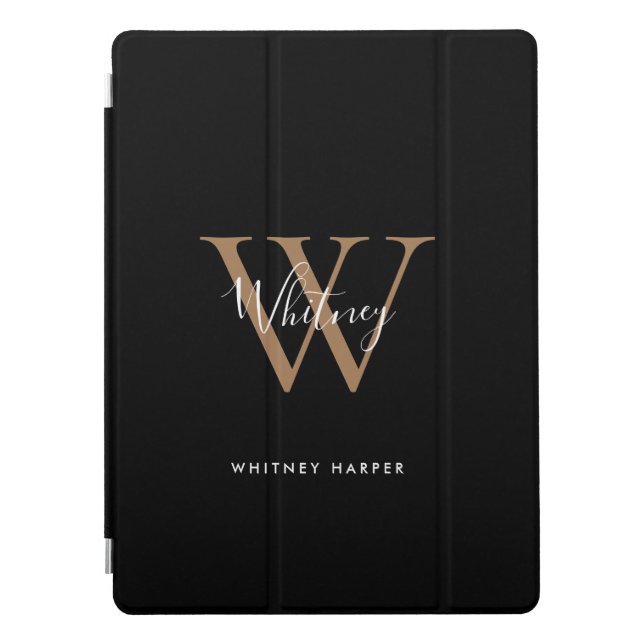 Modern Black White Gold Script Monogram Name  iPad Pro Cover (Front)