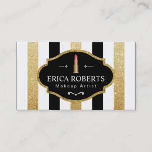Modern Black White Gold Stripes Makeup Artist Business Card